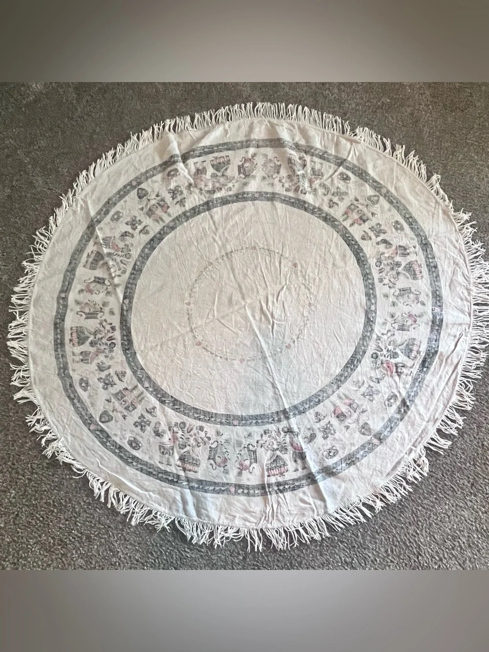 Set of 2 1950s tablecloths Pennsylvania PA Dutch Folk Art 56” Round & floral sq